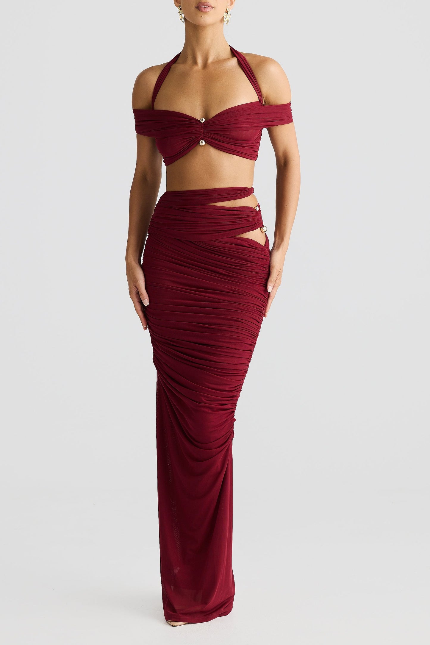 Soft Mesh Metallic Pleated Maxi Dress