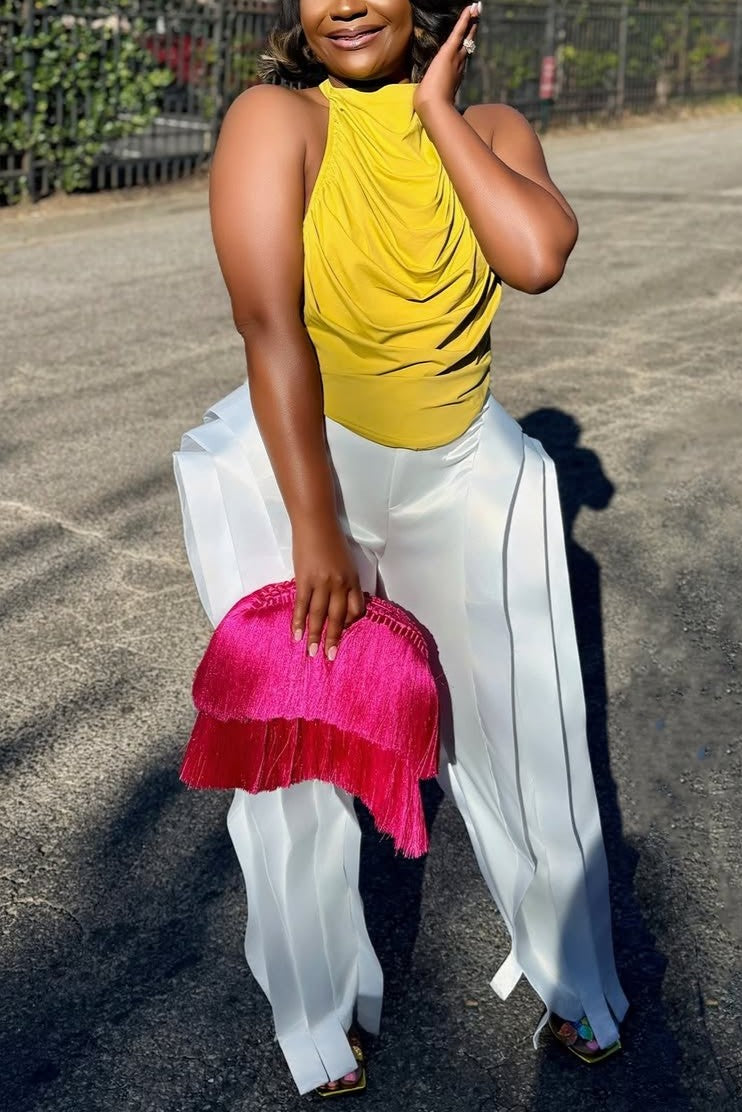 Pleated Top and Wide-leg Pants Suit
