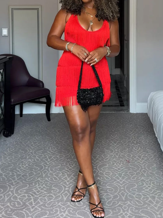 Sexy Fringed Backless Deep V-Neck Dress