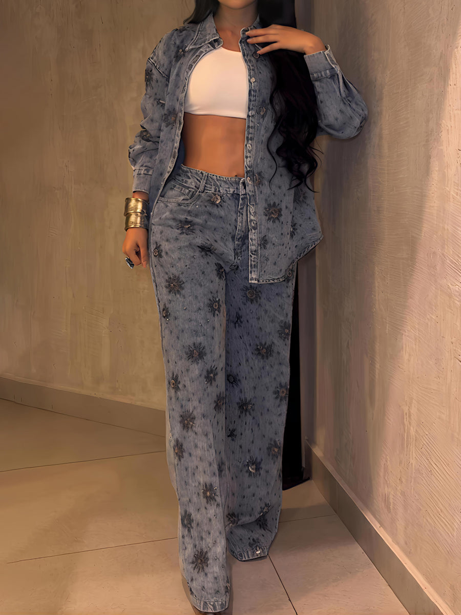 Rhinestone Sparkle Flower Print Denim 2PC Set