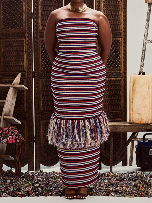Striped Print Strappless Tassles Dress