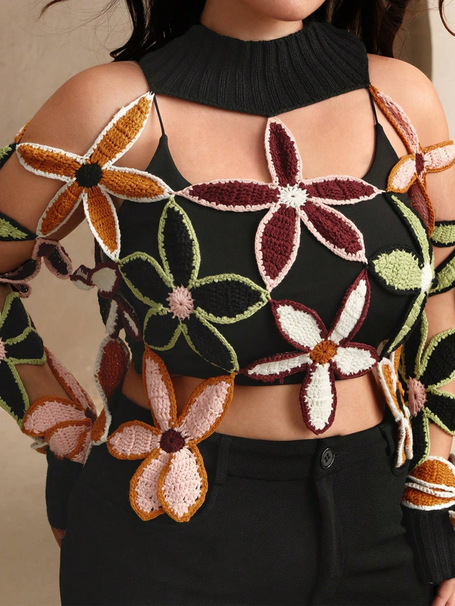 Crochet Knit Cut-Out Floral Patchwork Top
