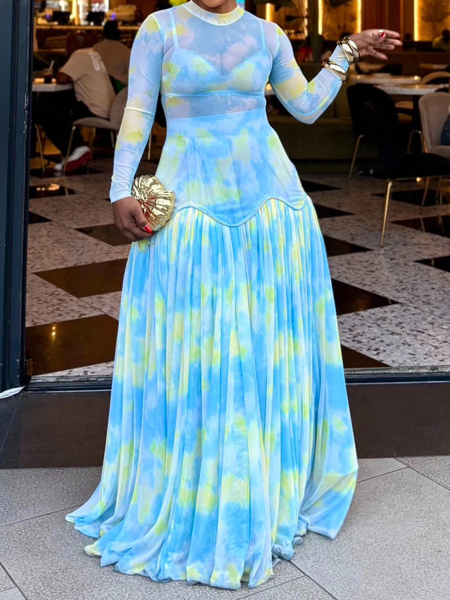 Tie Dye Print Mesh Patchwork Pleated Party Maxi Dresses