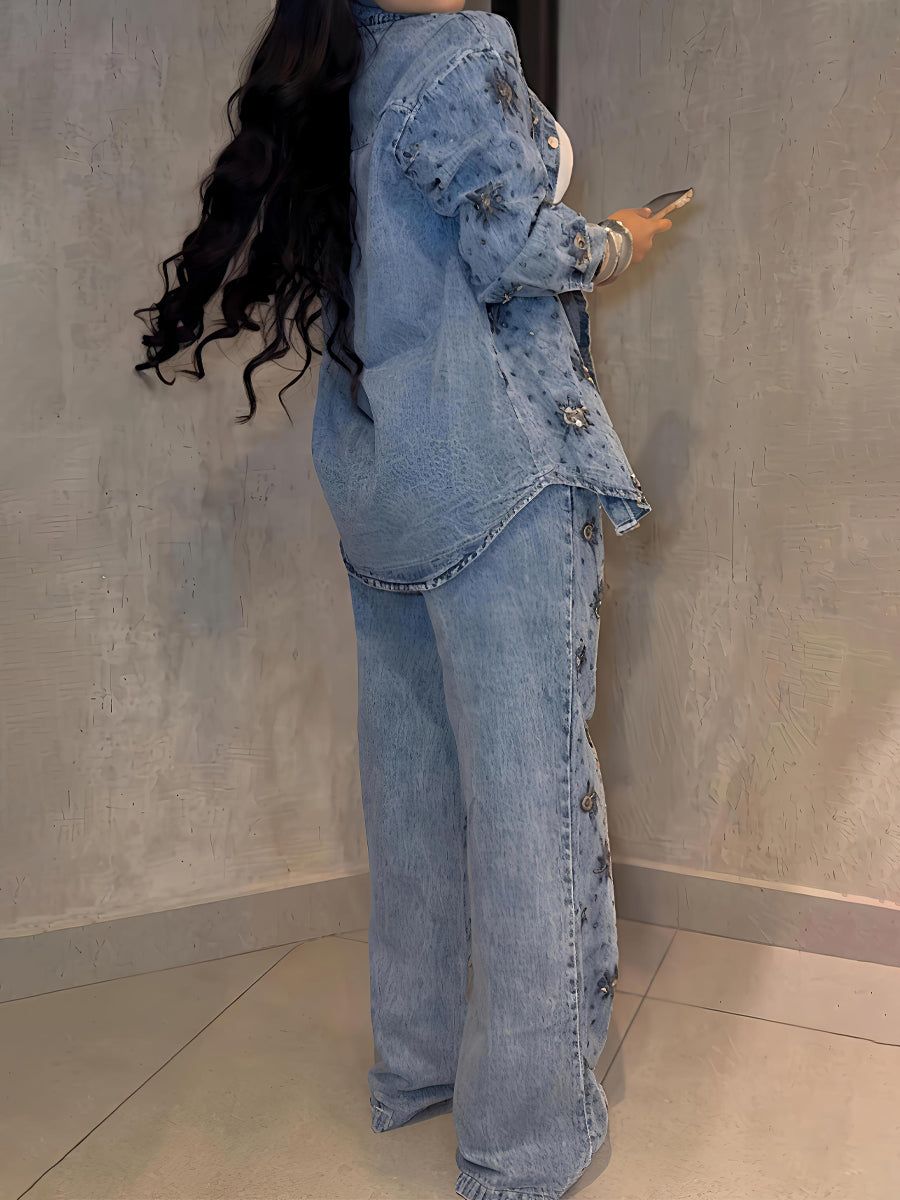 Rhinestone Sparkle Flower Print Denim 2PC Set