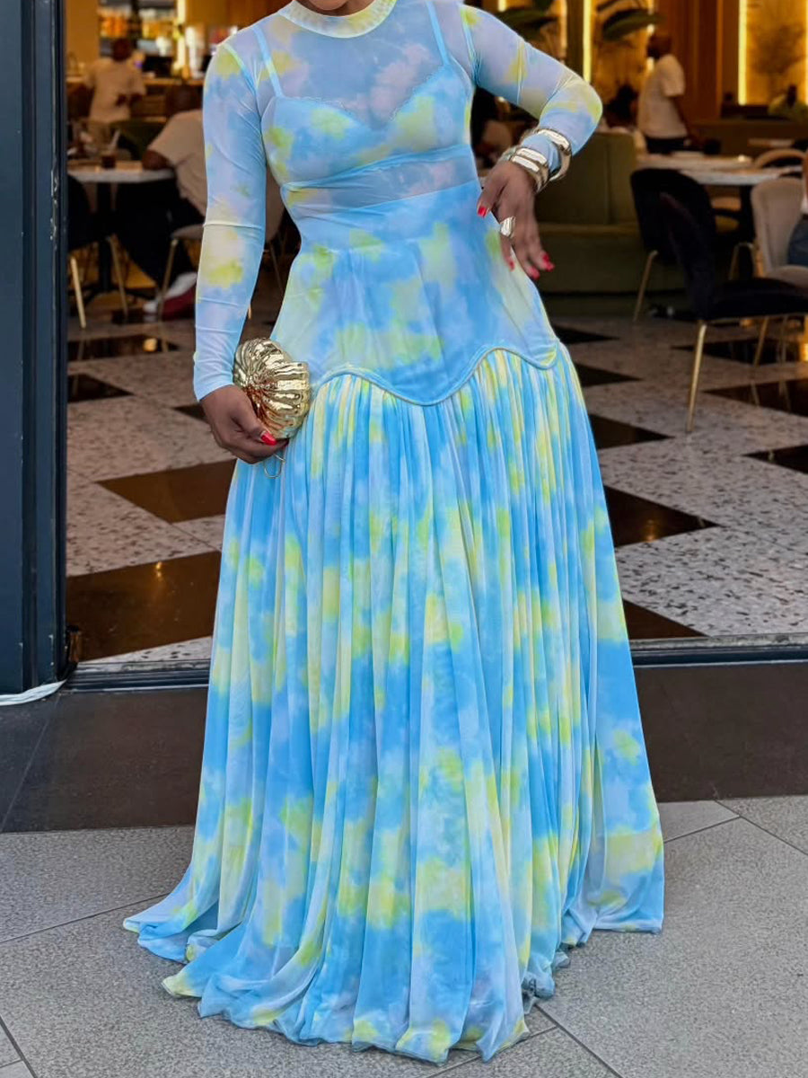 Tie Dye Print Mesh Patchwork Pleated Party Maxi Dresses