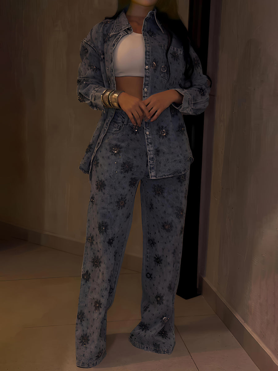 Rhinestone Sparkle Flower Print Denim 2PC Set