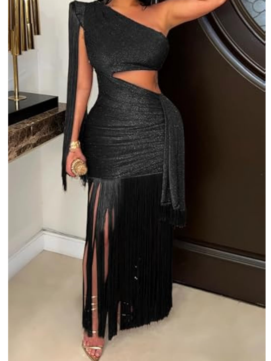 Fringe & Stretchy Flowy Sparkly Glitter Evening Dress