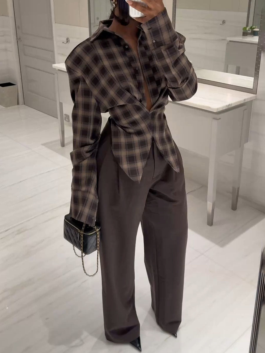 Brown plaid shirt + trousers set