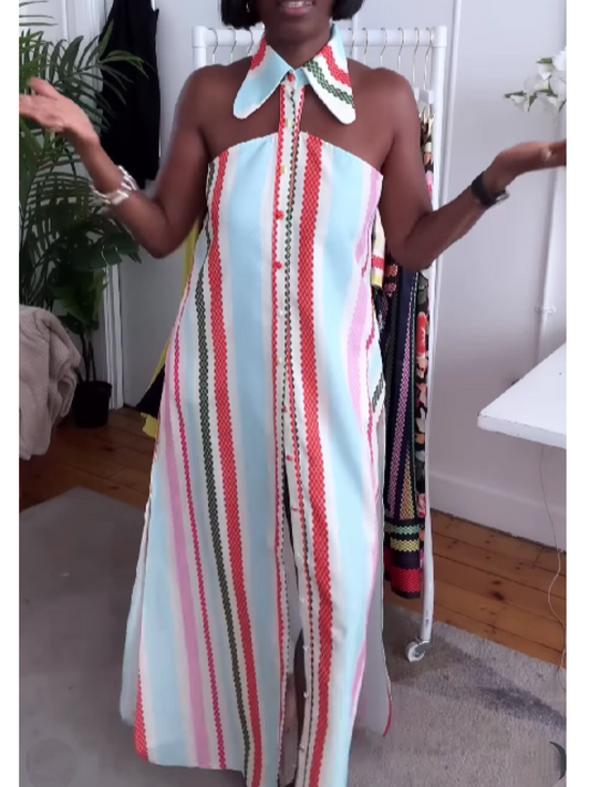 Striped Print Cold Shoulder Dress