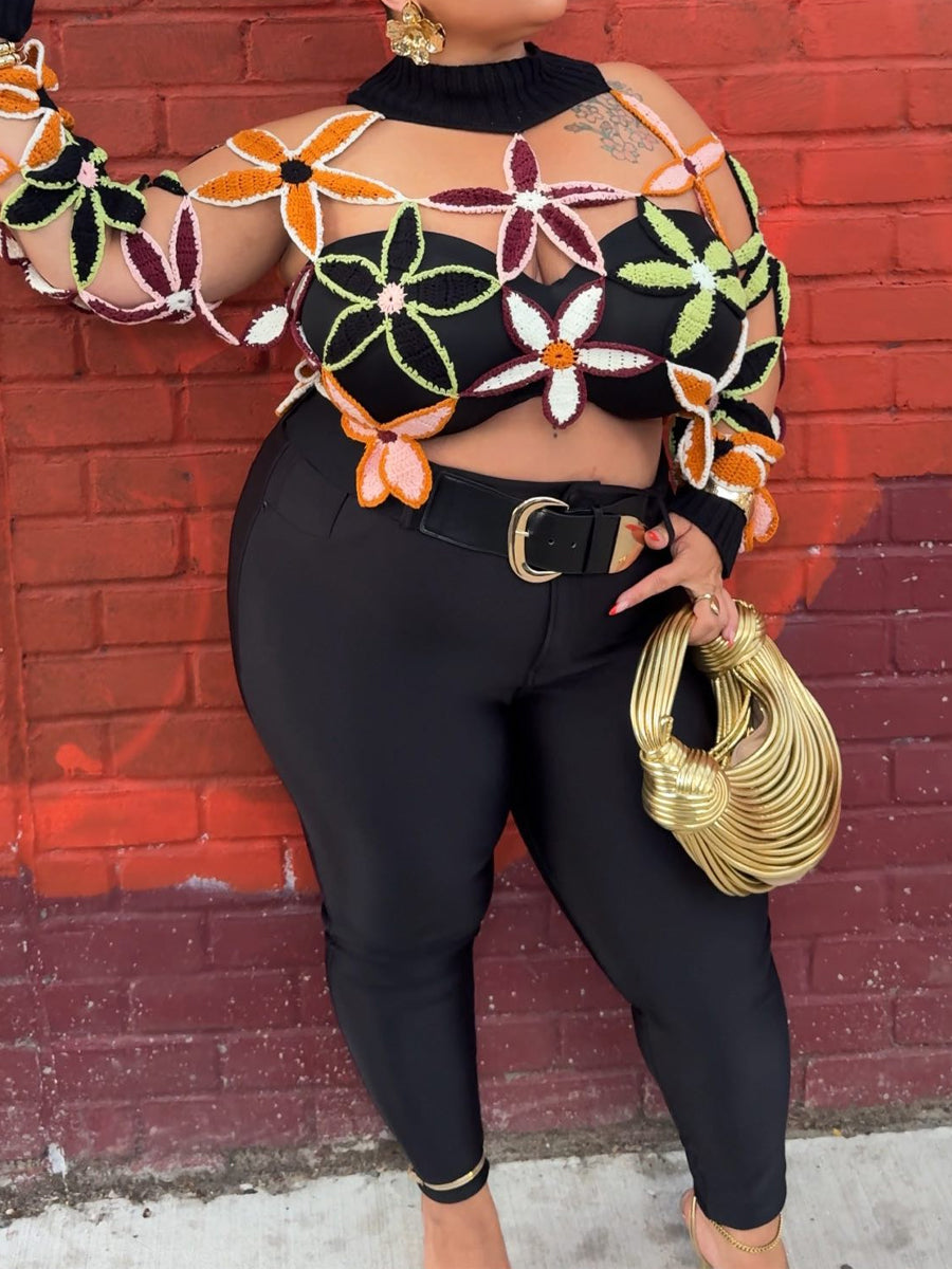 Crochet Knit Cut-Out Floral Patchwork Top