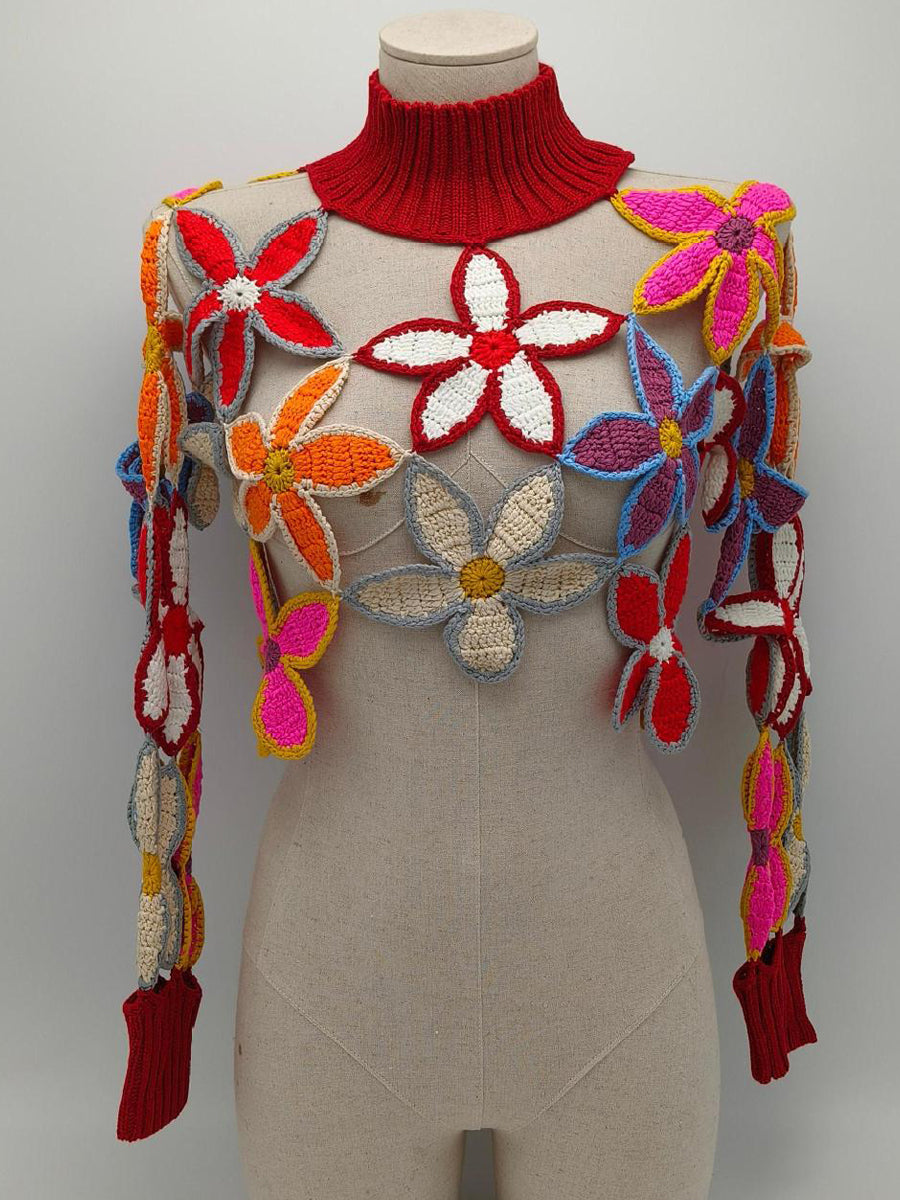 Crochet Knit Cut-Out Floral Patchwork Top