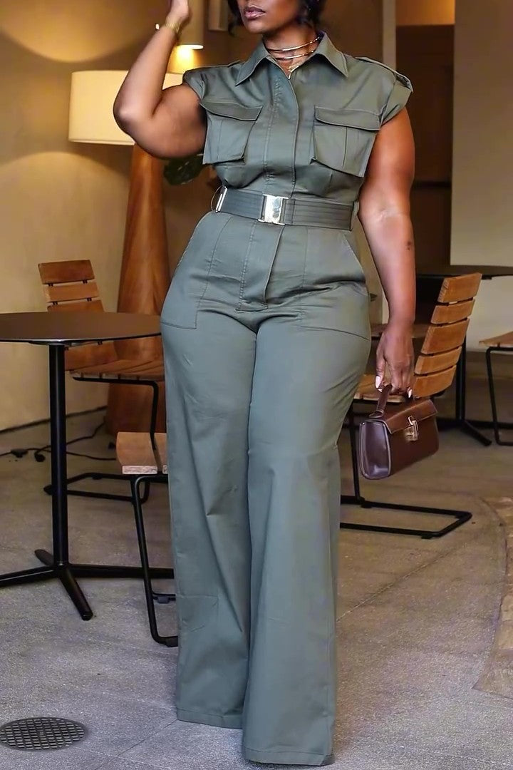 Solid Wide-Leg Cargo Jumpsuit