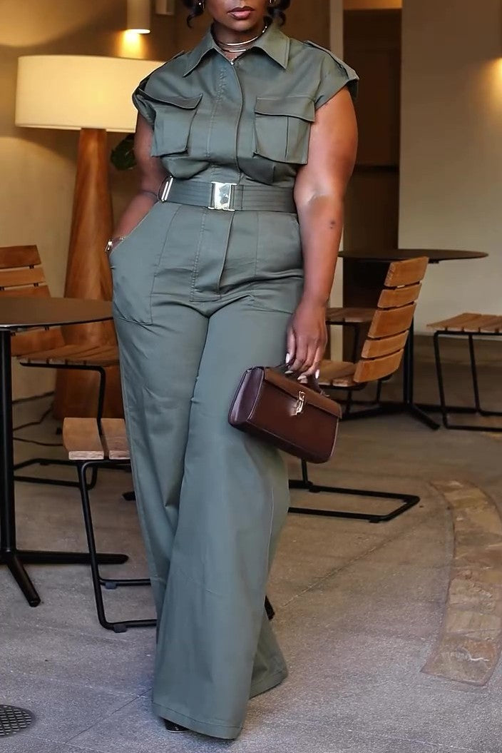 Solid Wide-Leg Cargo Jumpsuit