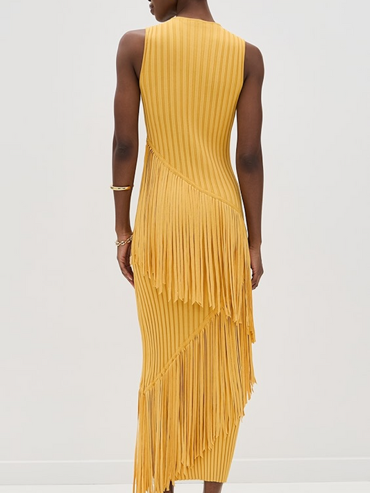 Rib-Knit Asymmetrical Fringed Dress