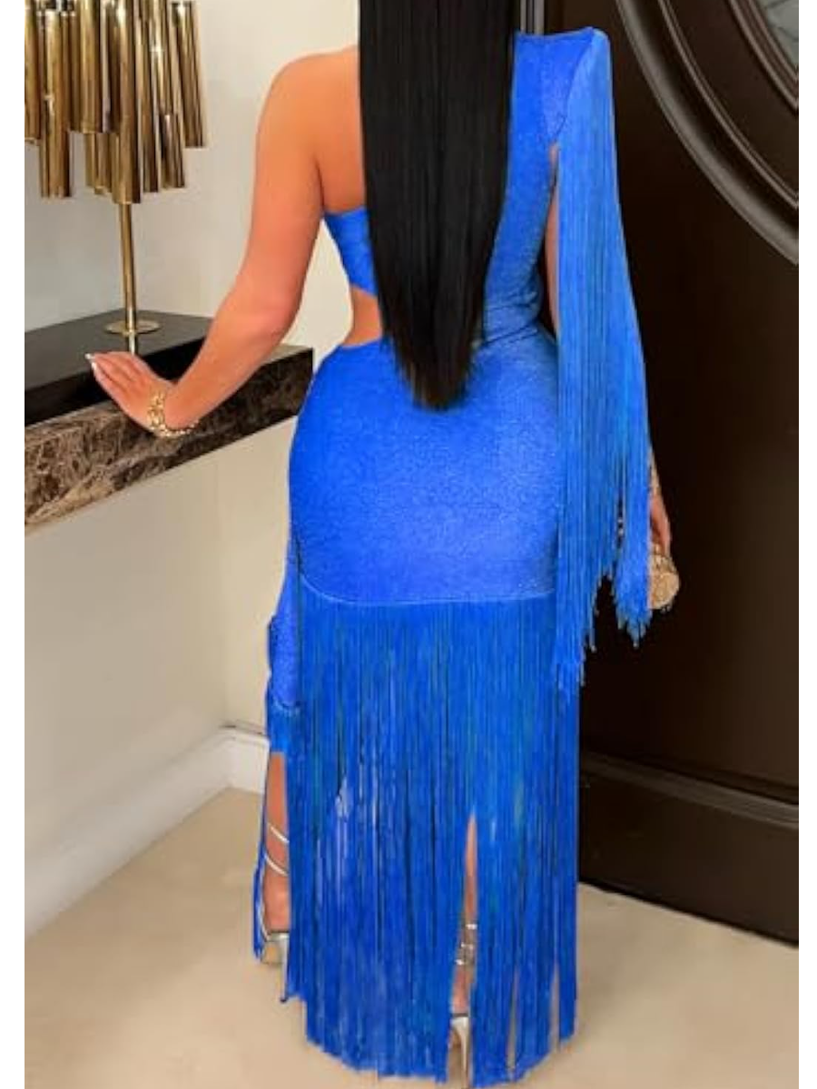Fringe & Stretchy Flowy Sparkly Glitter Evening Dress