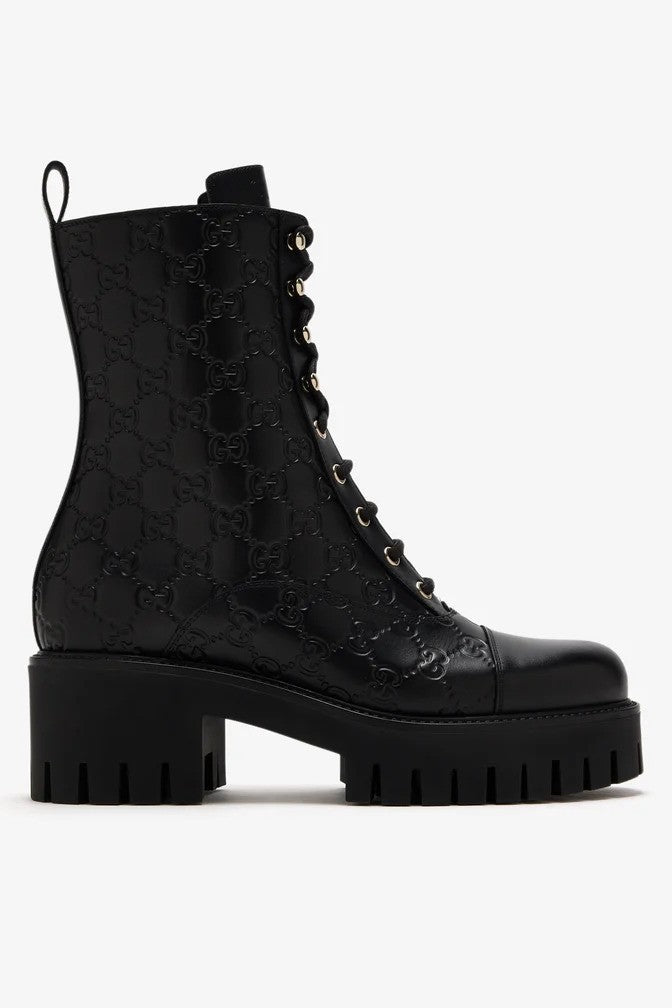 Black Enaraved ltalian Leather Ankle Boots