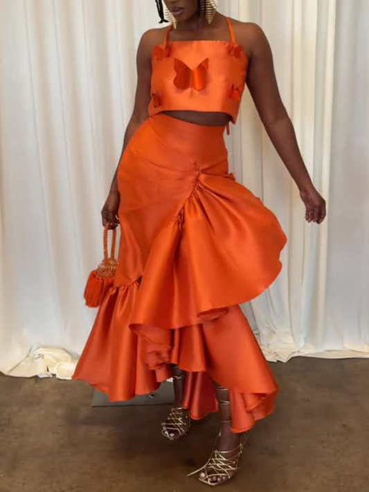 Bow Sequin Top And Multi-Layered Skirt Suit