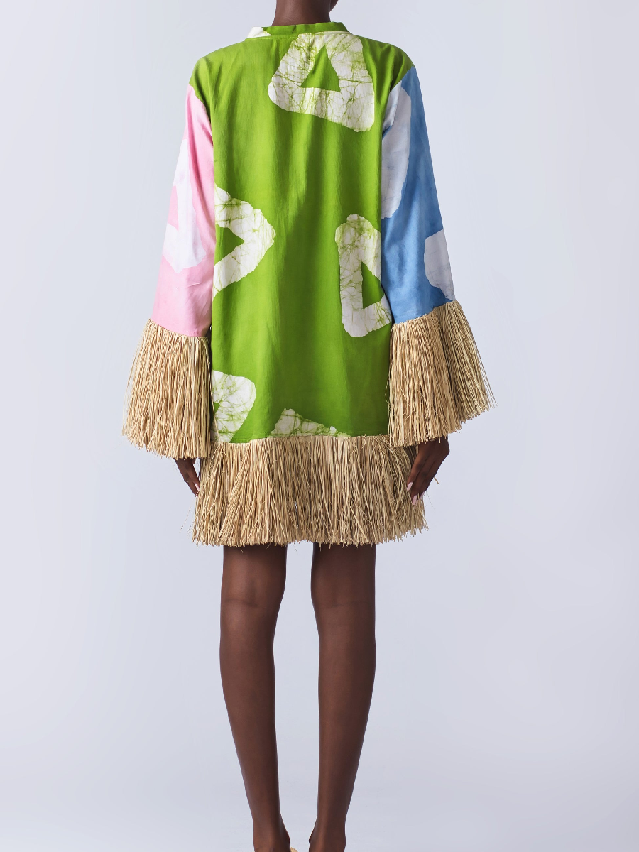 V-Neck Printed Tassel Dress