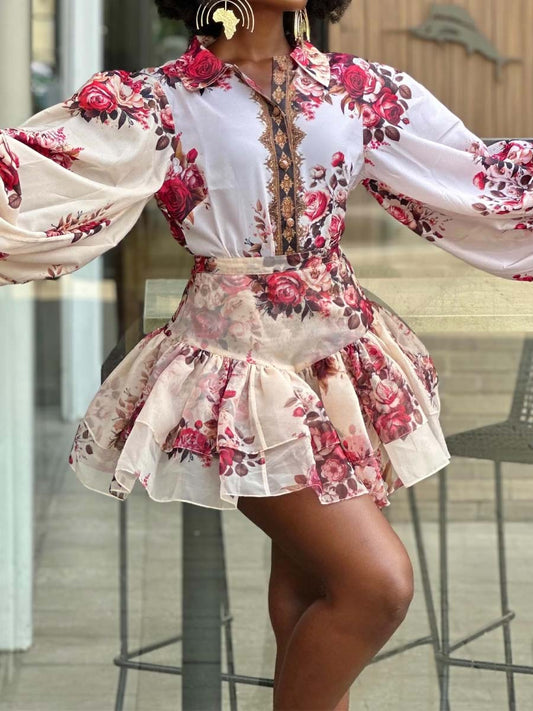 Floral Print Flouced Two Pieces Dress