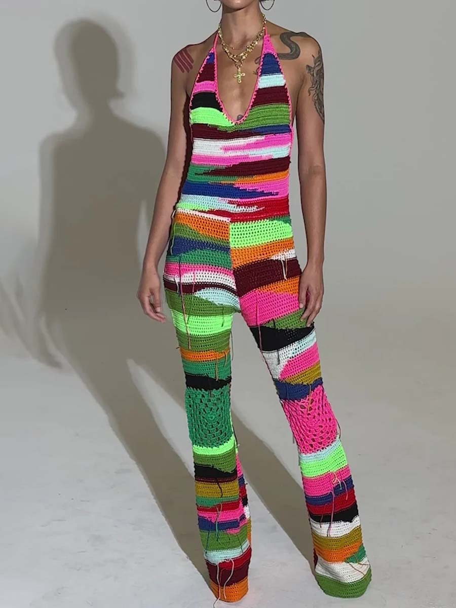 Halter Neck Blackless Knitted Jumpsuit