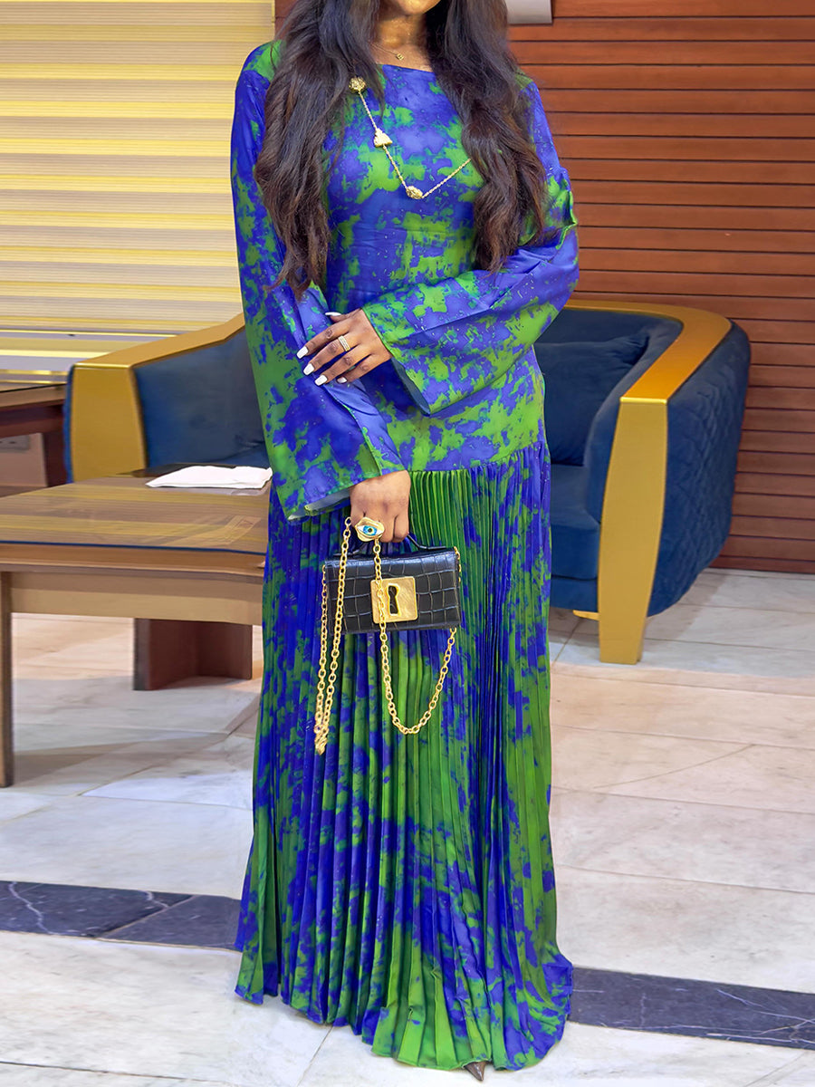 Satin Elegant Printed Pleated Maxi Dress