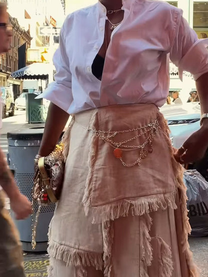Fringed Hem Patchwork High Waist Trousers