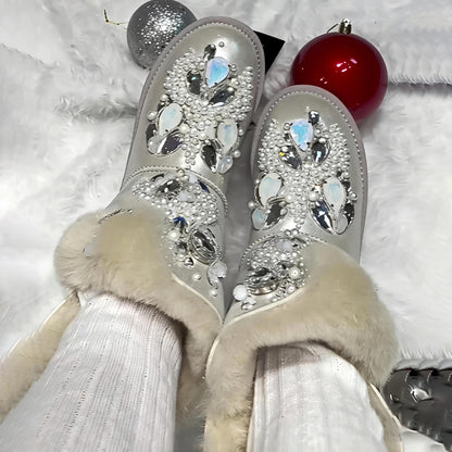 Rhinestone Sparkle Pearl Fur Snow Boots