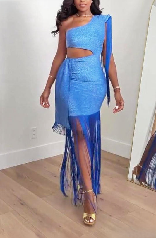 Fringe & Stretchy Flowy Sparkly Glitter Evening Dress