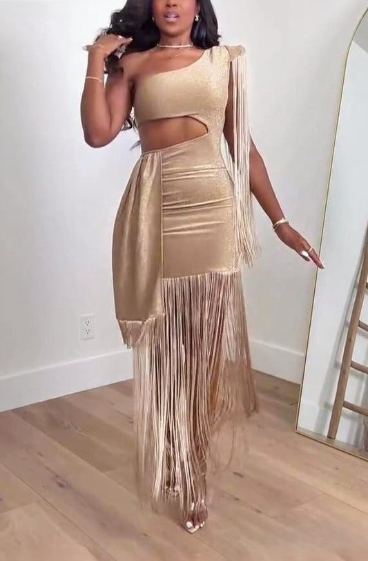 Fringe & Stretchy Flowy Sparkly Glitter Evening Dress