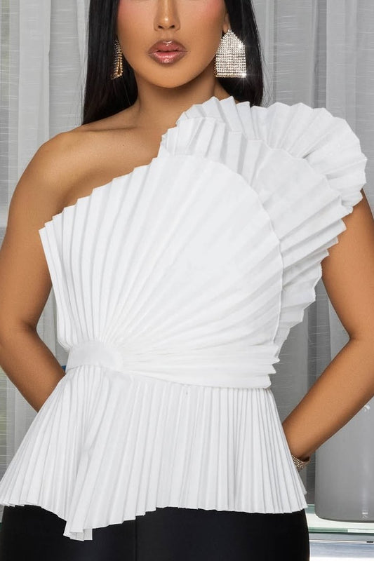 Solid Pleated Tube One Shoulder Blouse