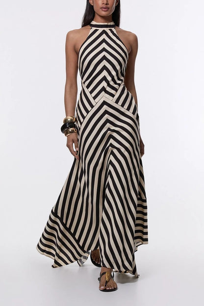 High-waisted smooth striped maxi halter dress