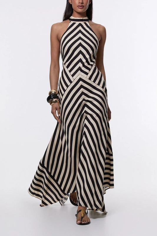 High-waisted smooth striped maxi halter dress