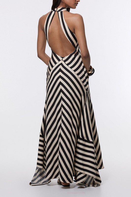 High-waisted smooth striped maxi halter dress
