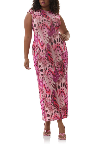 Mesh long sleeve midaxi dress in berry butterfly print