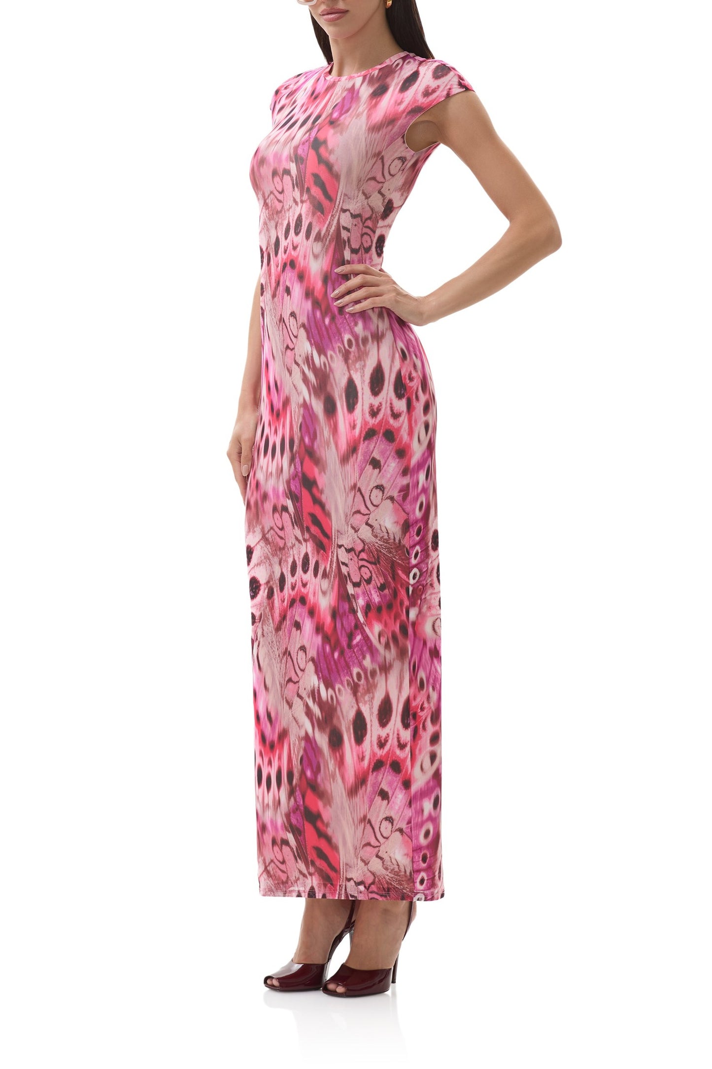 Mesh long sleeve midaxi dress in berry butterfly print