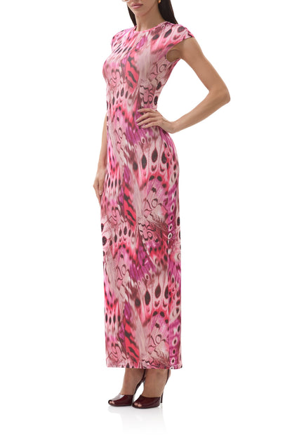 Mesh long sleeve midaxi dress in berry butterfly print