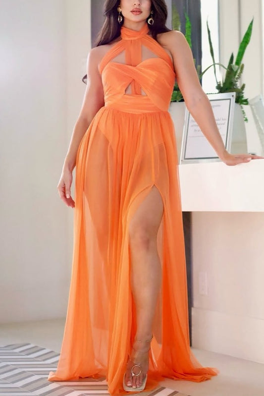 Halterneck Twist Mesh Maxi Dress