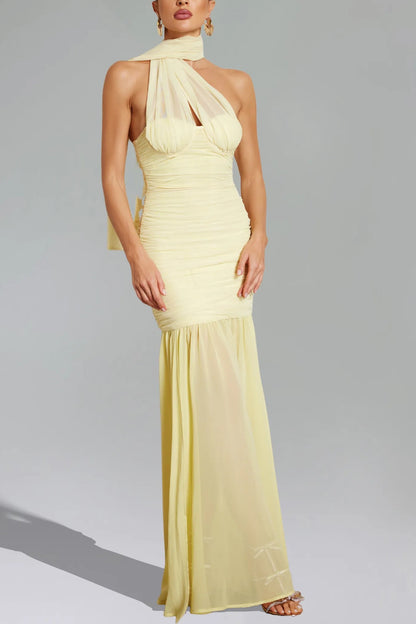 Halterneck Twist Mesh Maxi Dress