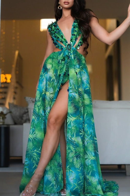 Printed Embellished Maxi Dress