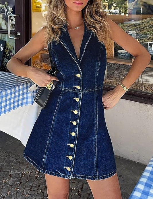 Button Down Sleeveless Denim Dress