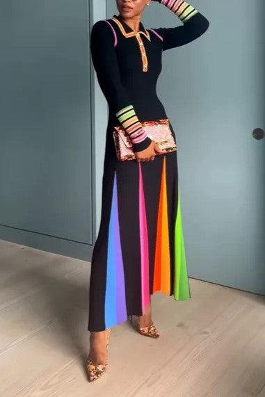 Pleated striped ribbed wool maxi dress