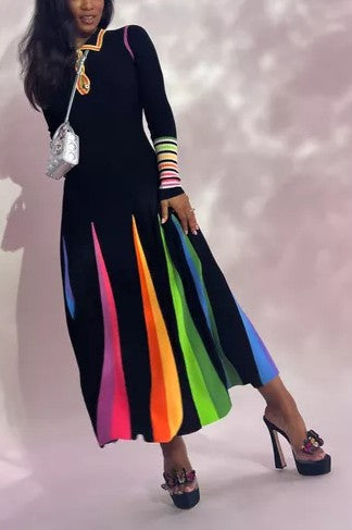 Pleated striped ribbed wool maxi dress