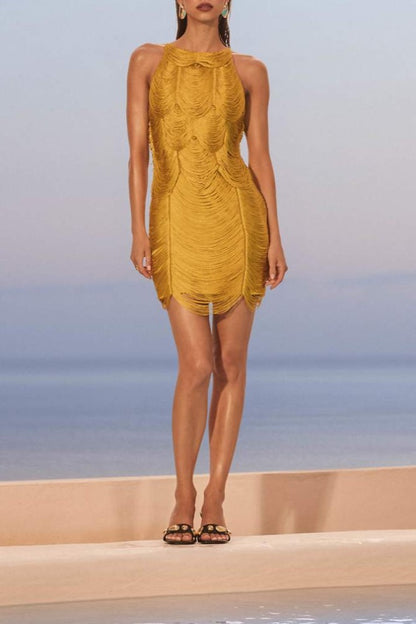 Halter draped fringe mini dress