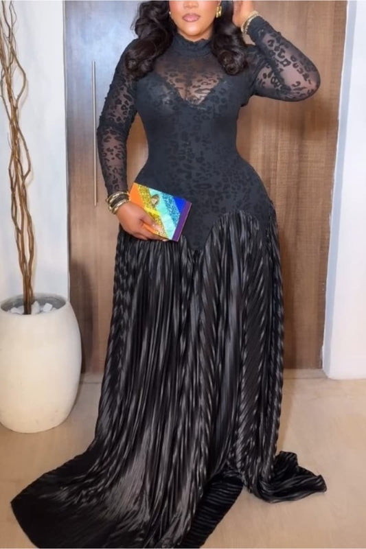 Sheer Print Pleated Dress