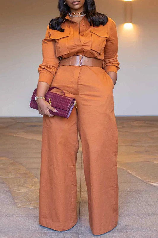 Solid Wide-Leg Cargo Jumpsuit