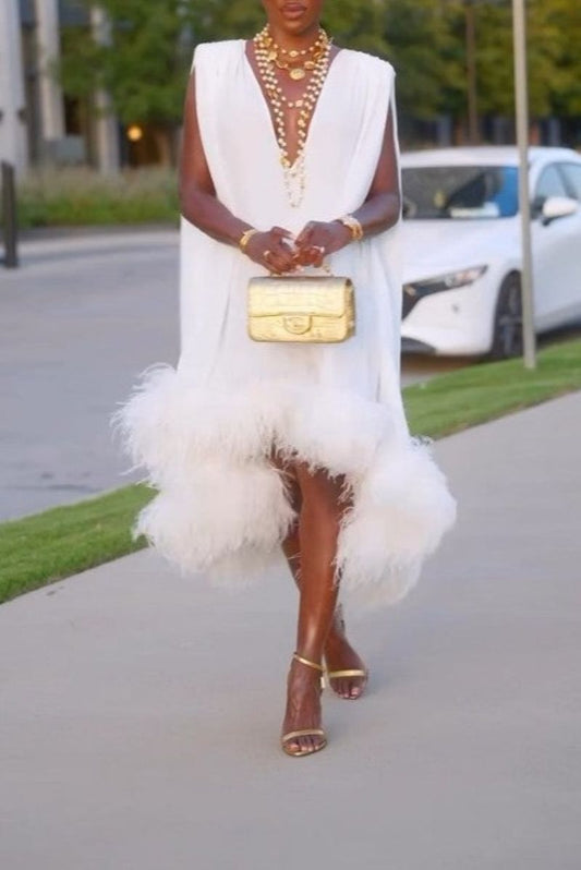 Elegant Feather Patchwork Irregular Hem Midi Dress