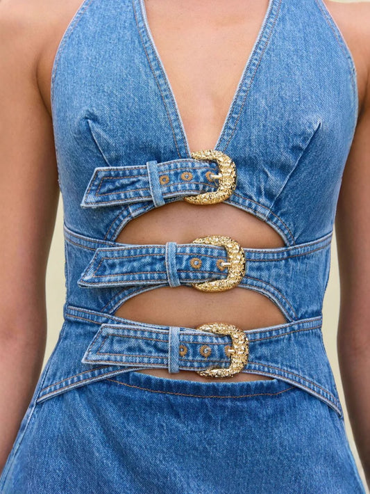 Blue Denim Dress with Gold Accents
