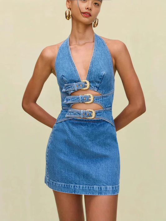 Blue Denim Dress with Gold Accents