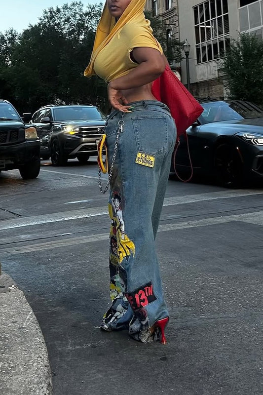 Custom comic chain detail wide-leg jeans
