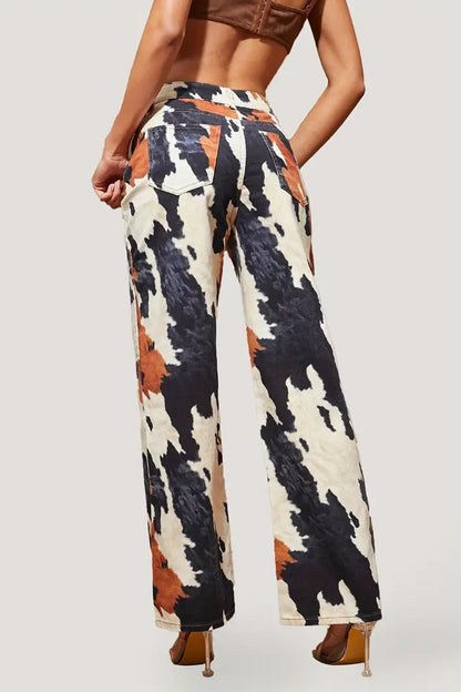 Multi Color Print Straight Leg Jeans
